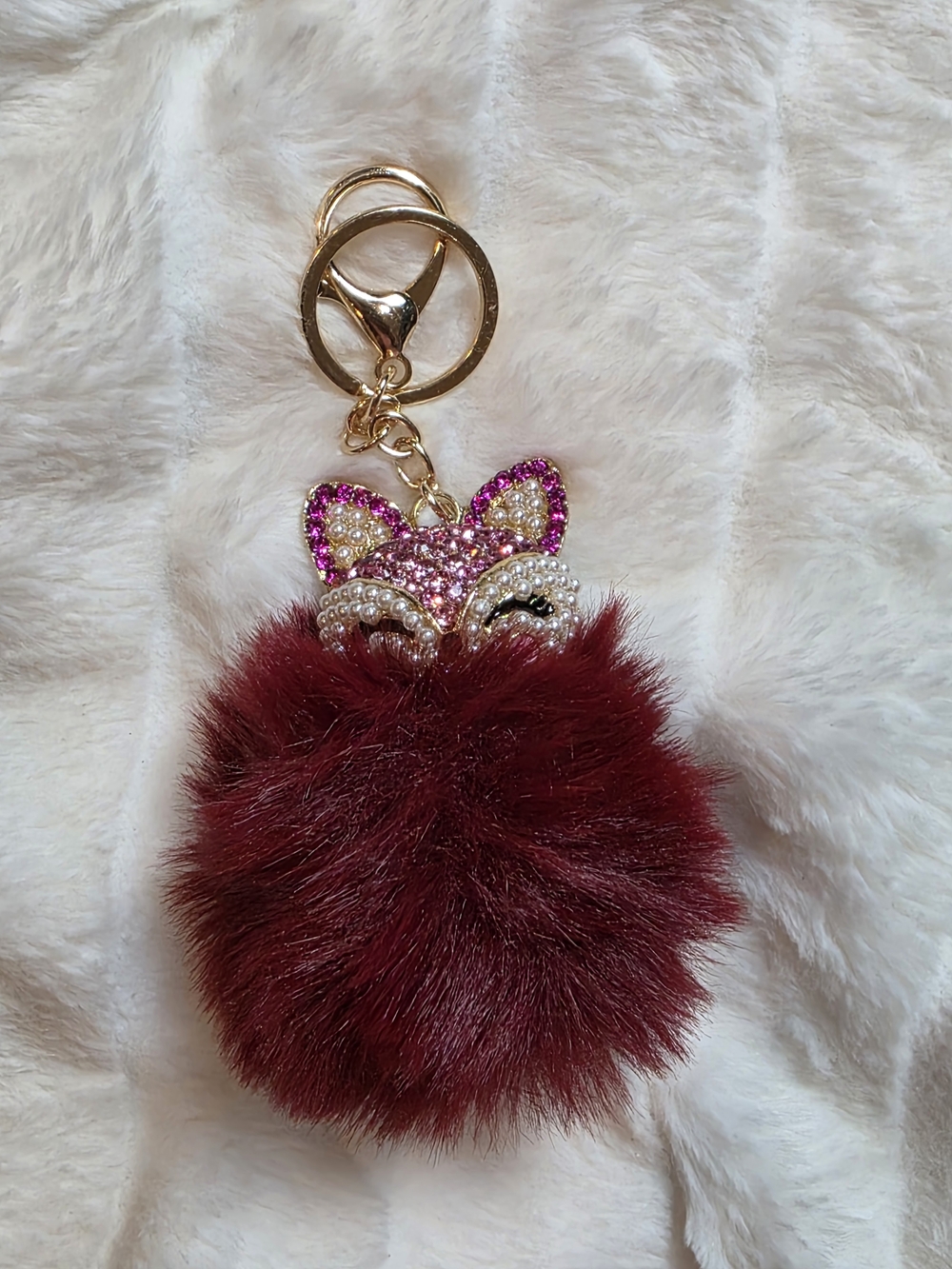 Crystal Fox Burgundy Pom Keychain - Fashionable Women’s Accessory